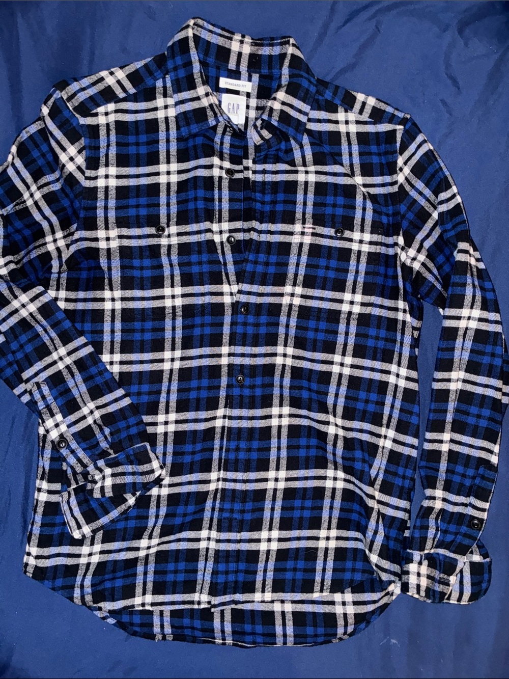 GAP Men's Blue, Black & White Plaid Button-Down Shirt